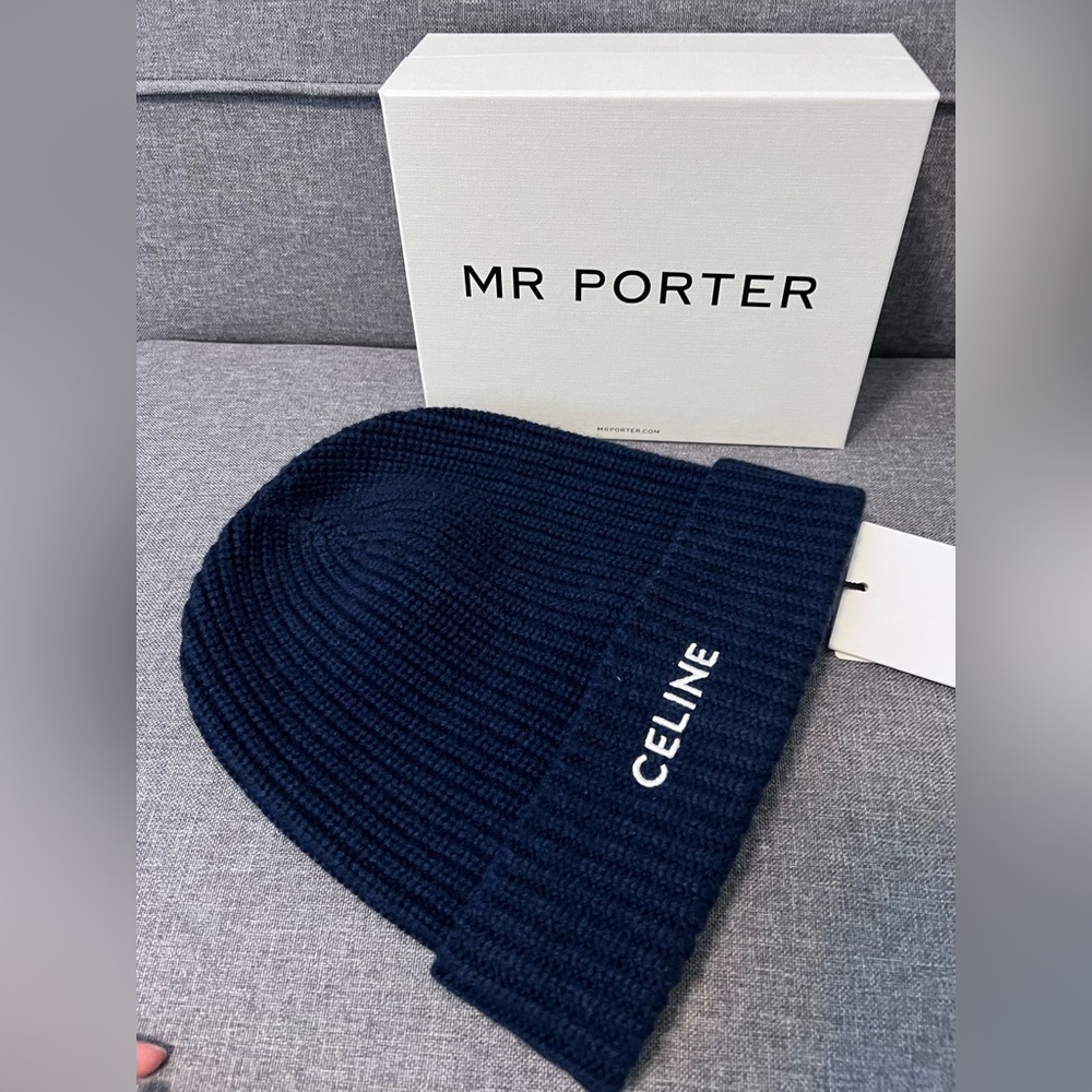 Celine Cashmere Logo-Embroided Ribbed Beanie